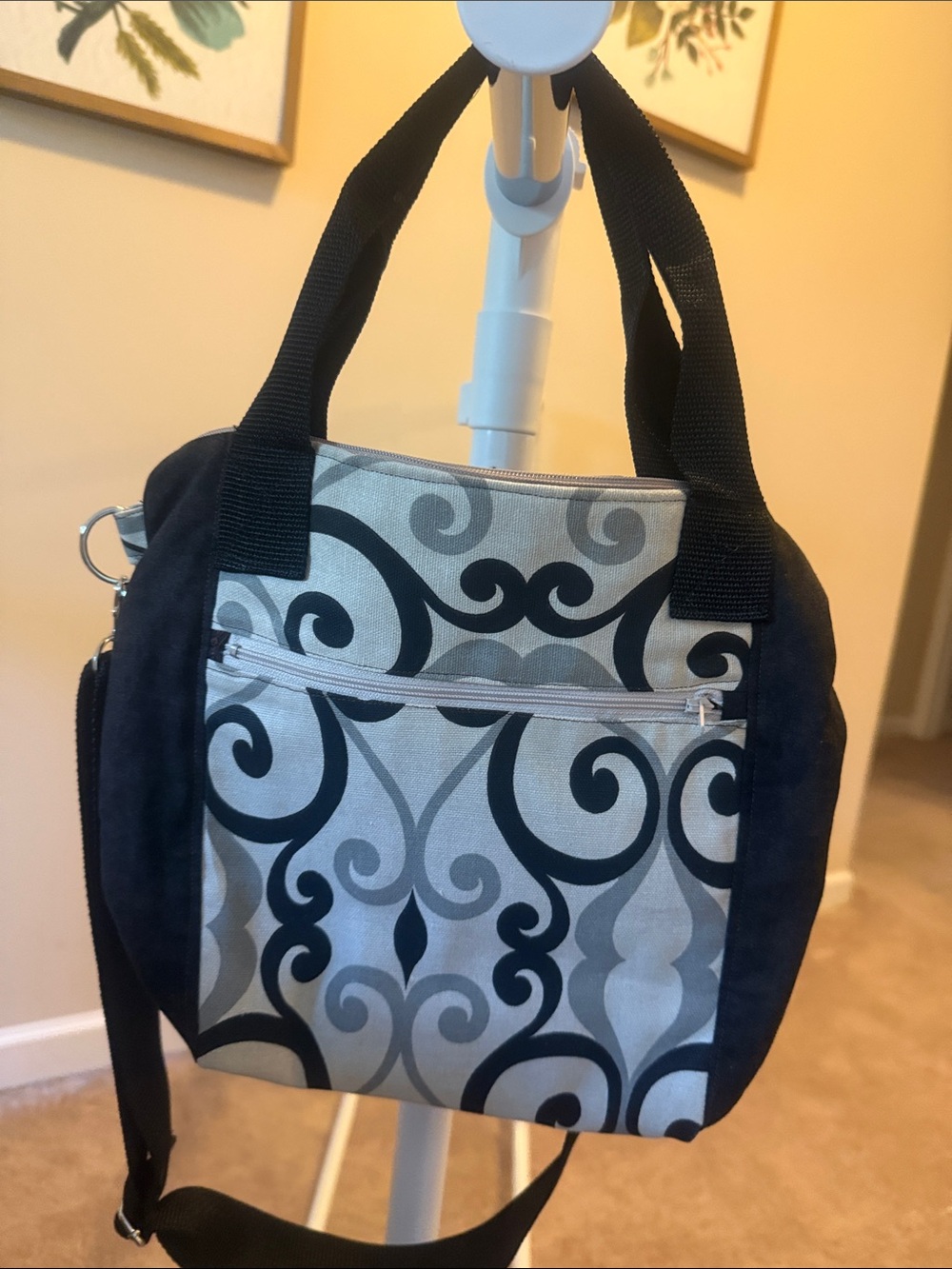 Elegant Black and Gray Scroll-Pattern Crossbody Bag - handmade